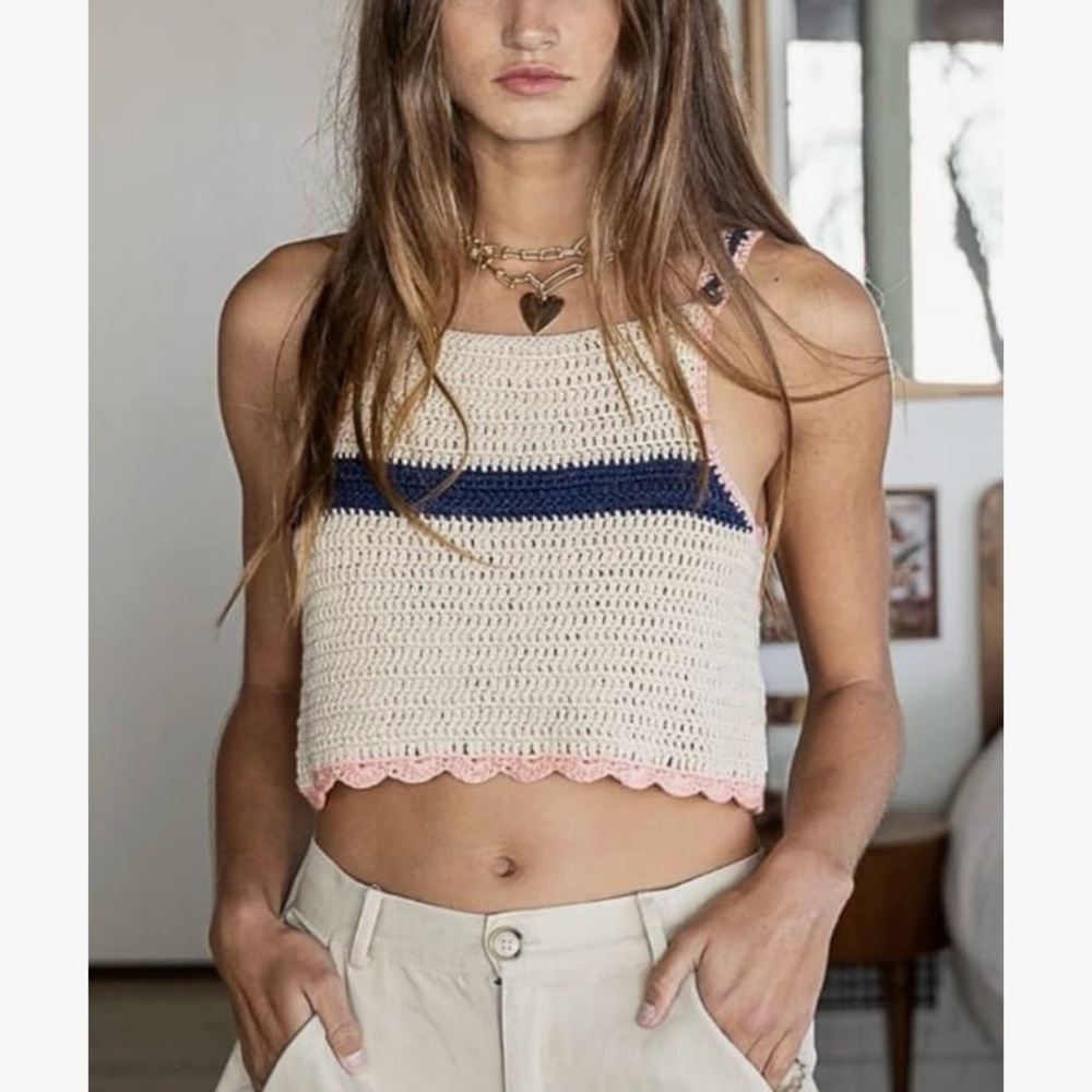 POL Crochet Crop Tank Top Sz S Button Detail Coastal Grannycore Beachy Colorful